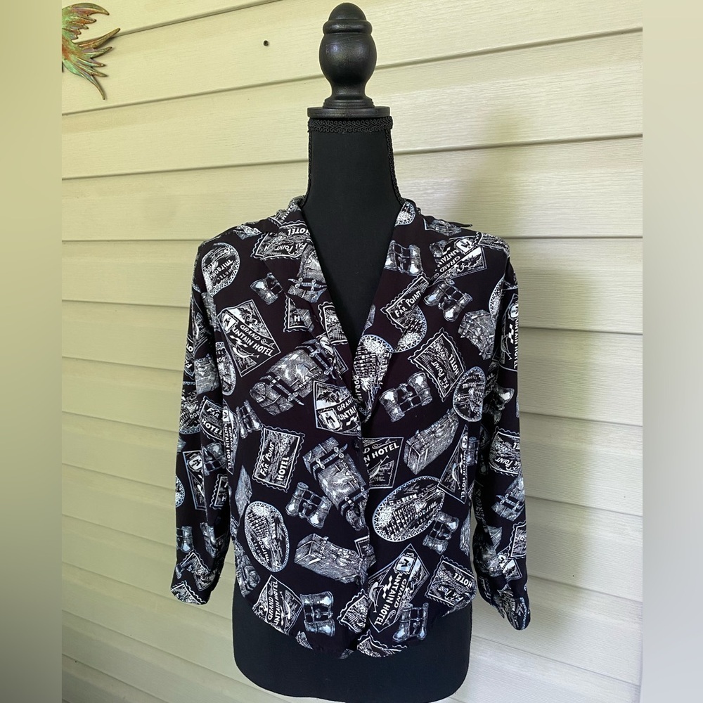 LIZ SPORT rayon button down Vintage Graphic travel resort shirt retro sz S EUC